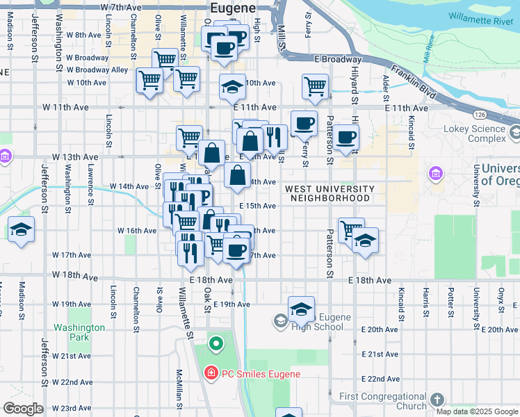 map of restaurants, bars, coffee shops, grocery stores, and more near 1530 High Street in Eugene
