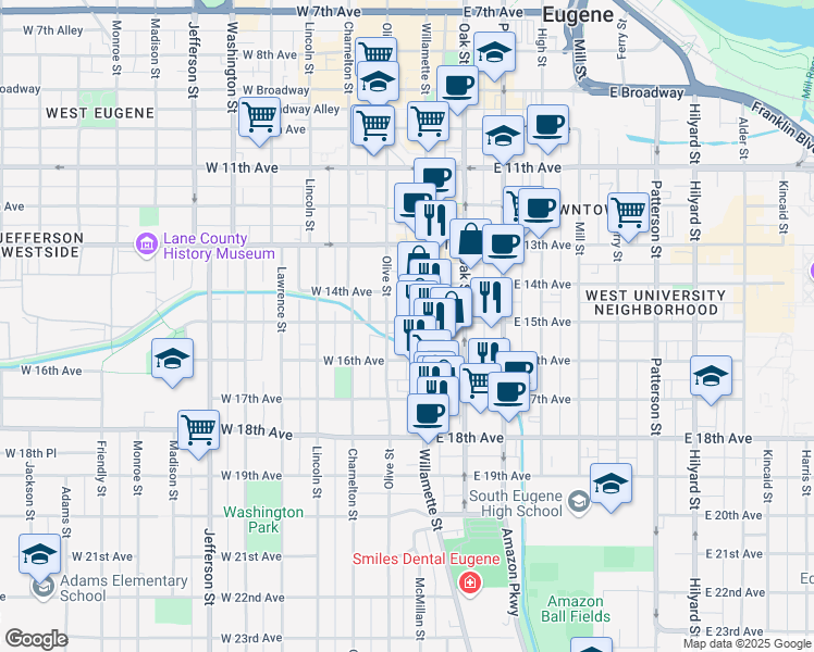 map of restaurants, bars, coffee shops, grocery stores, and more near 1524 Willamette Street in Eugene
