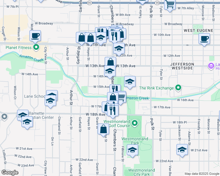map of restaurants, bars, coffee shops, grocery stores, and more near 1520 Chambers Street in Eugene