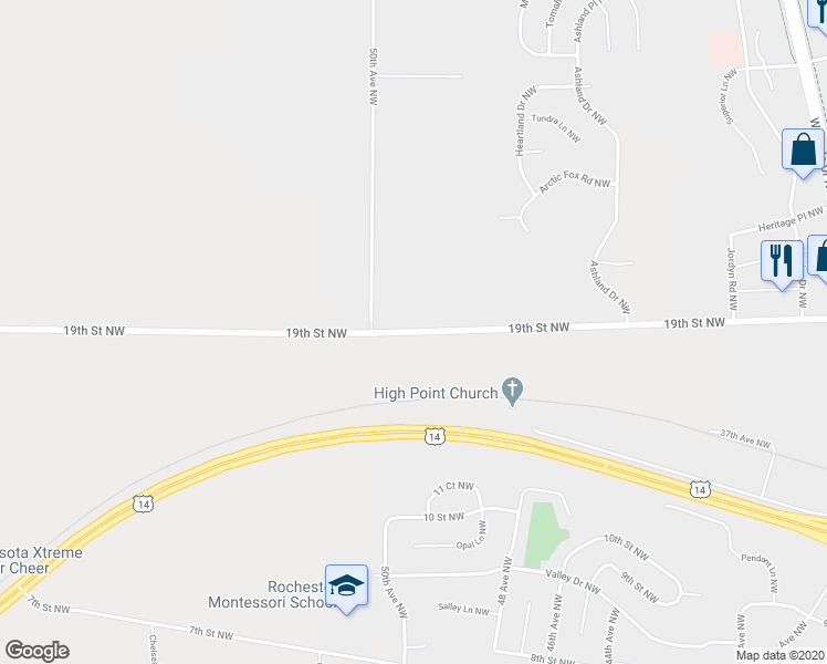map of restaurants, bars, coffee shops, grocery stores, and more near 4510 19th Street Northwest in Rochester