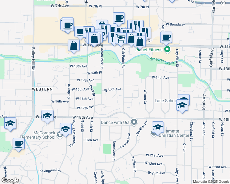 map of restaurants, bars, coffee shops, grocery stores, and more near 3002 West 15th Avenue in Eugene