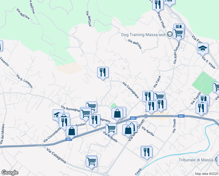 map of restaurants, bars, coffee shops, grocery stores, and more near 123 Via Villaggio Castagnara in Massa