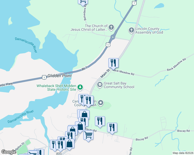 map of restaurants, bars, coffee shops, grocery stores, and more near 20 Hammond Road in Damariscotta