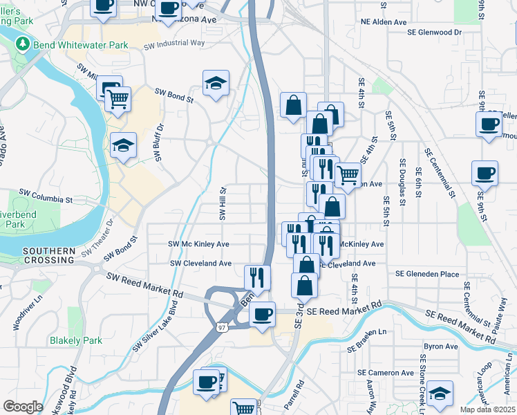 map of restaurants, bars, coffee shops, grocery stores, and more near 47 Southeast Taft Avenue in Bend