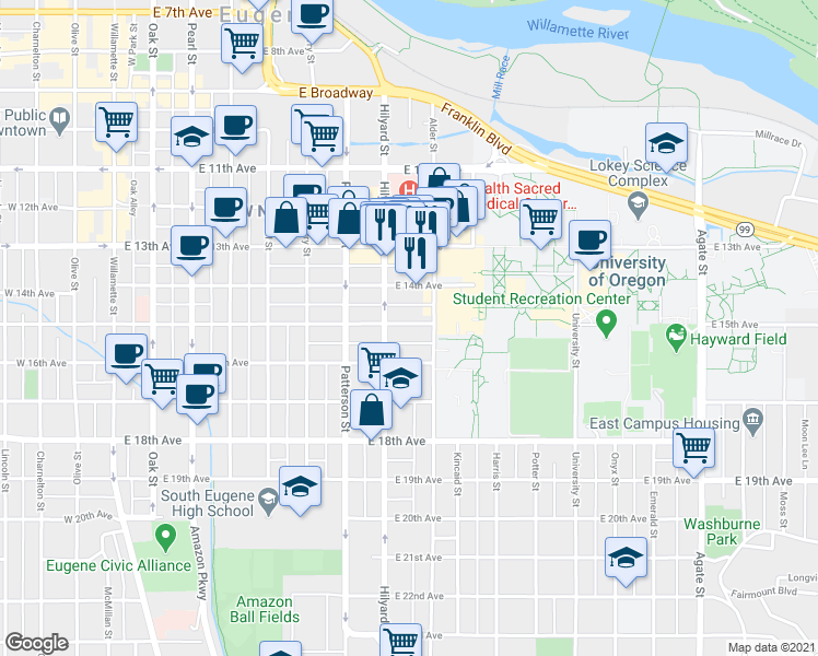 map of restaurants, bars, coffee shops, grocery stores, and more near 750 East 15th Avenue in Eugene