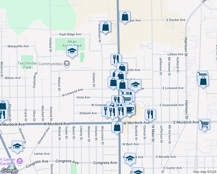 map of restaurants, bars, coffee shops, grocery stores, and more near 520 West Linwood Avenue in Oshkosh