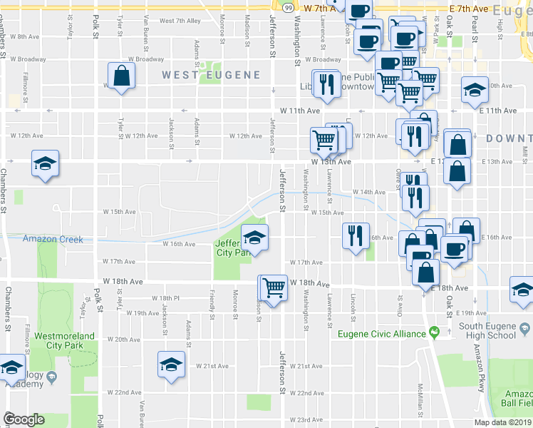 map of restaurants, bars, coffee shops, grocery stores, and more near 778 West 15th Avenue in Eugene