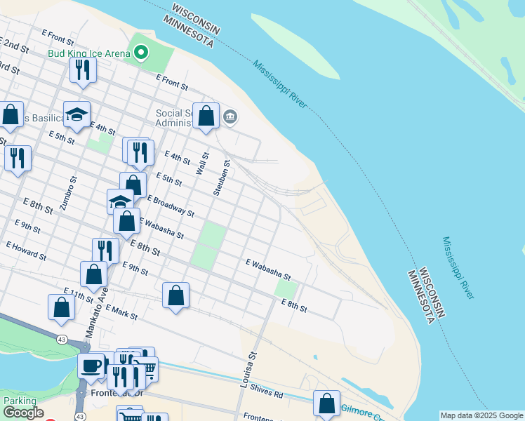 map of restaurants, bars, coffee shops, grocery stores, and more near 1052 East 5th Street in Winona