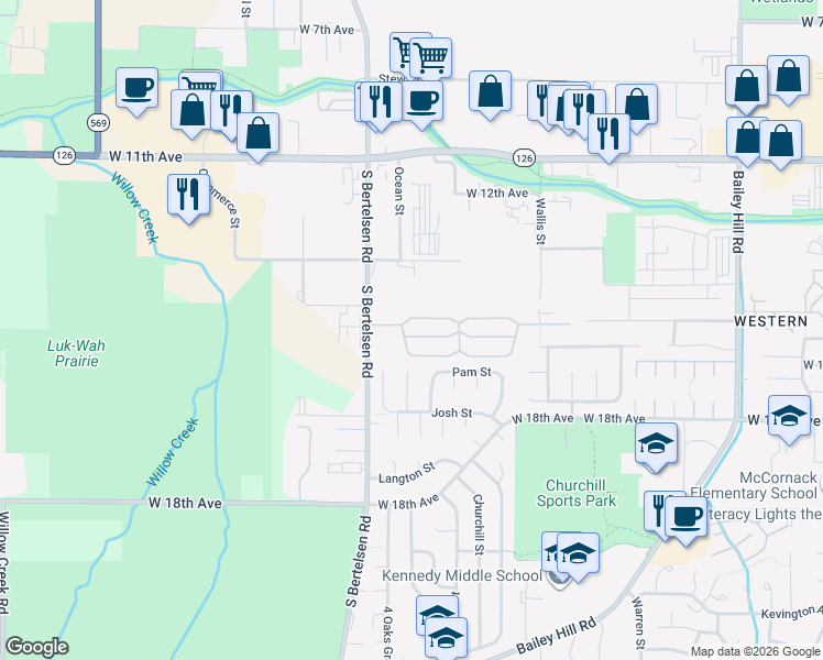 map of restaurants, bars, coffee shops, grocery stores, and more near 1415 South Bertelsen Road in Eugene