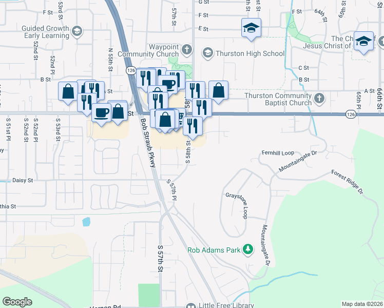 map of restaurants, bars, coffee shops, grocery stores, and more near 374 South 58th Street in Springfield