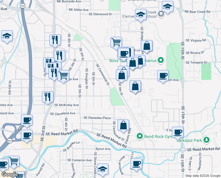 map of restaurants, bars, coffee shops, grocery stores, and more near 737 Southeast Centennial Street in Bend