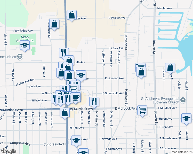 map of restaurants, bars, coffee shops, grocery stores, and more near 2119 North Main Street in Oshkosh