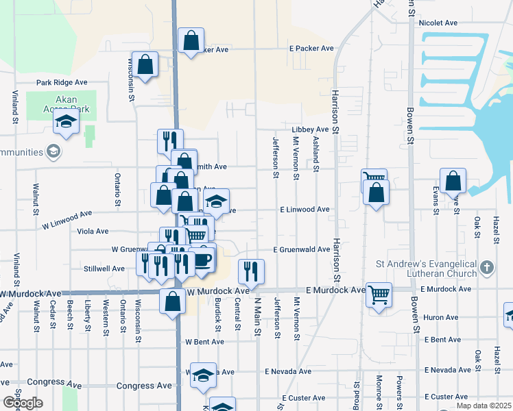 map of restaurants, bars, coffee shops, grocery stores, and more near 2119 North Main Street in Oshkosh