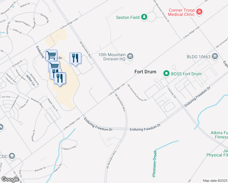 map of restaurants, bars, coffee shops, grocery stores, and more near South Riva Ridge Loop in Fort Drum