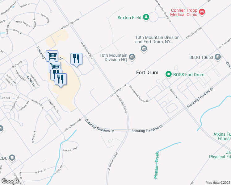 map of restaurants, bars, coffee shops, grocery stores, and more near South Riva Ridge Loop in Fort Drum