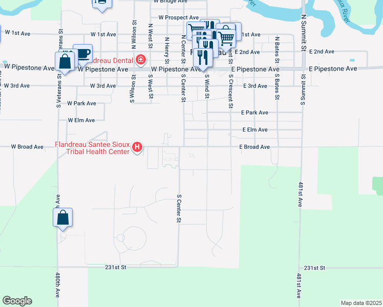 map of restaurants, bars, coffee shops, grocery stores, and more near 105 West Broad Avenue in Flandreau