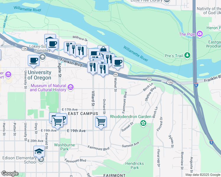 map of restaurants, bars, coffee shops, grocery stores, and more near 1505 Orchard Street in Eugene