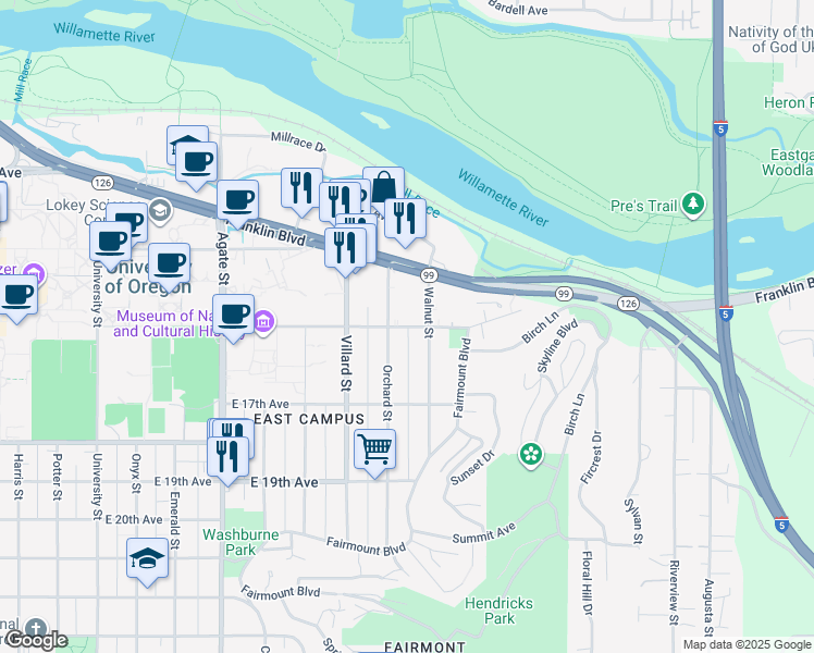 map of restaurants, bars, coffee shops, grocery stores, and more near 1505 Orchard Street in Eugene
