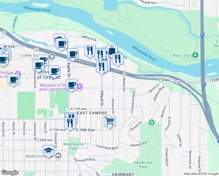 map of restaurants, bars, coffee shops, grocery stores, and more near 1505 Orchard Street in Eugene