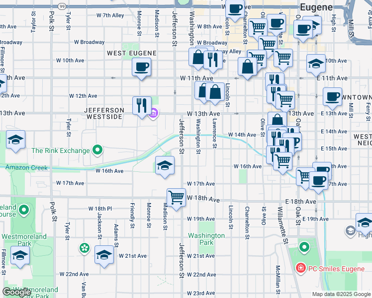 map of restaurants, bars, coffee shops, grocery stores, and more near 520 West 15th Avenue in Eugene