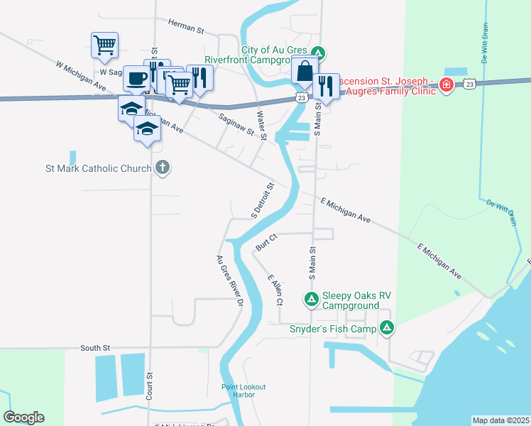 map of restaurants, bars, coffee shops, grocery stores, and more near 501-551 S Detroit St in Au Gres