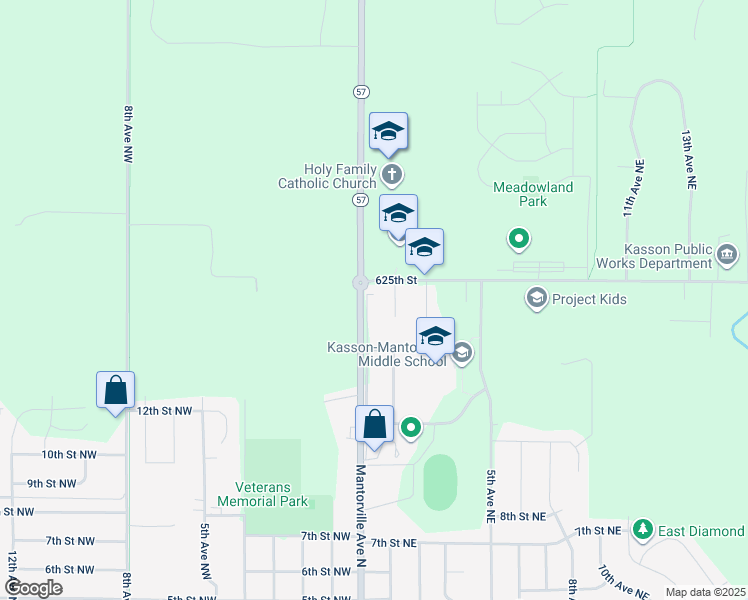 map of restaurants, bars, coffee shops, grocery stores, and more near 1402 Mantorville Avenue North in Kasson