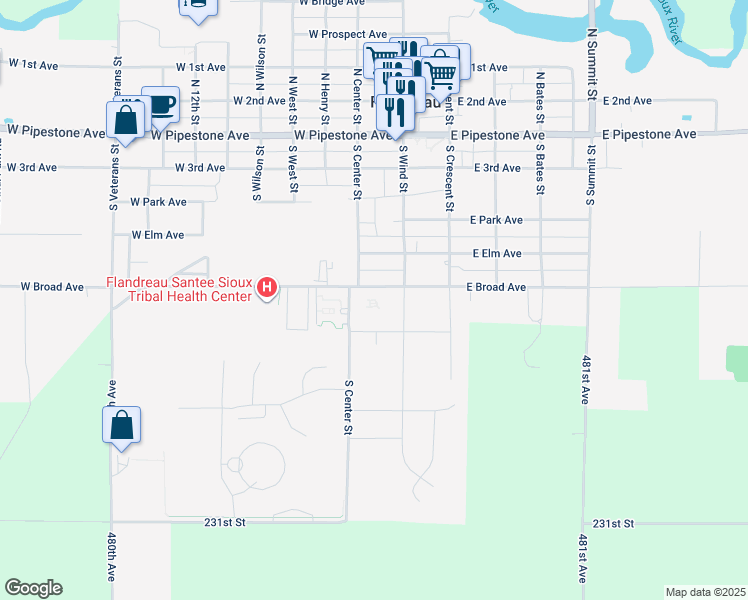map of restaurants, bars, coffee shops, grocery stores, and more near 105 West Broad Avenue in Flandreau