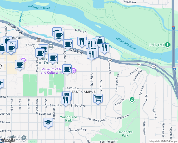 map of restaurants, bars, coffee shops, grocery stores, and more near 1870 East 15th Avenue in Eugene