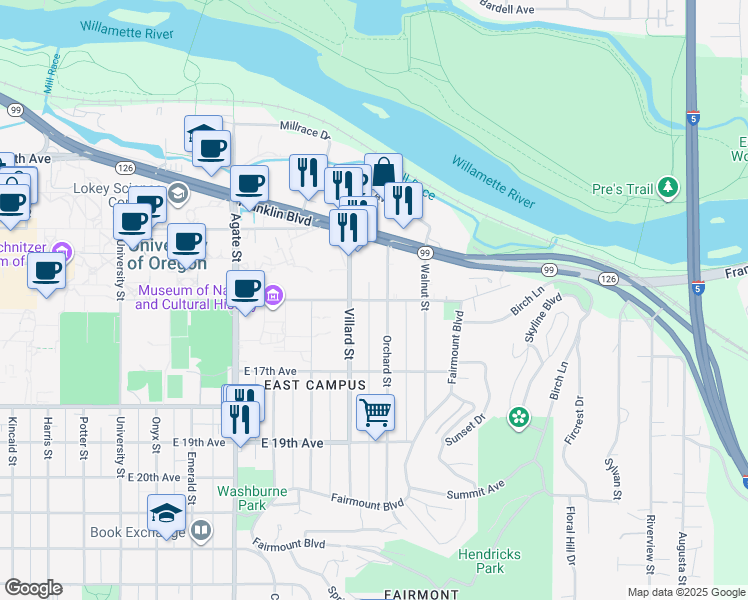 map of restaurants, bars, coffee shops, grocery stores, and more near 1965 East 15th Avenue in Eugene