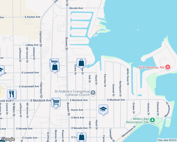 map of restaurants, bars, coffee shops, grocery stores, and more near 1036 Mallard Avenue in Oshkosh
