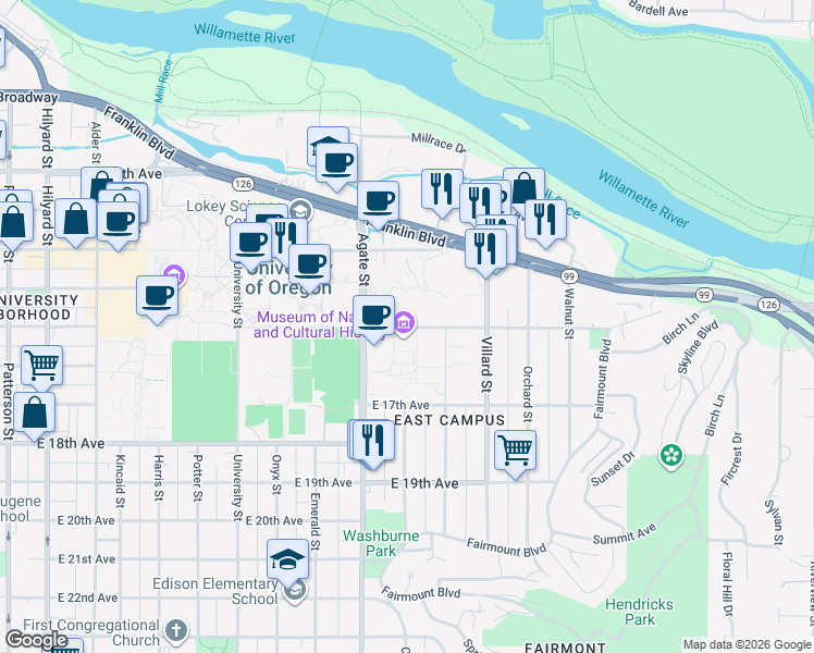map of restaurants, bars, coffee shops, grocery stores, and more near 1741 East 15th Avenue in Eugene