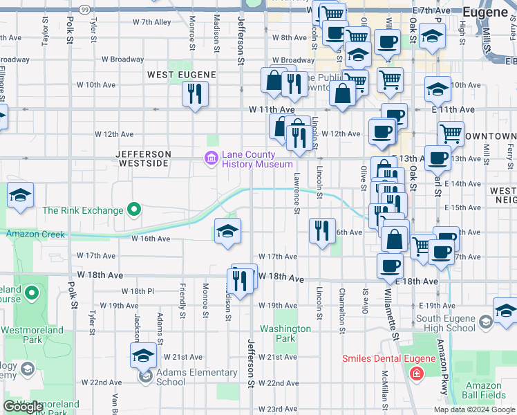 map of restaurants, bars, coffee shops, grocery stores, and more near 560 West 15th Avenue in Eugene