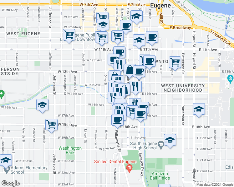 map of restaurants, bars, coffee shops, grocery stores, and more near 1 East 15th Avenue in Eugene