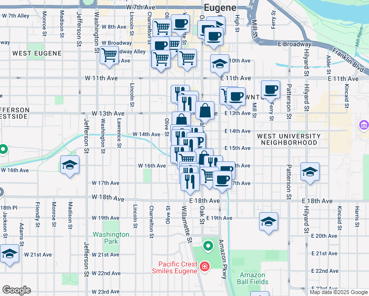 map of restaurants, bars, coffee shops, grocery stores, and more near Willamette Street in Eugene