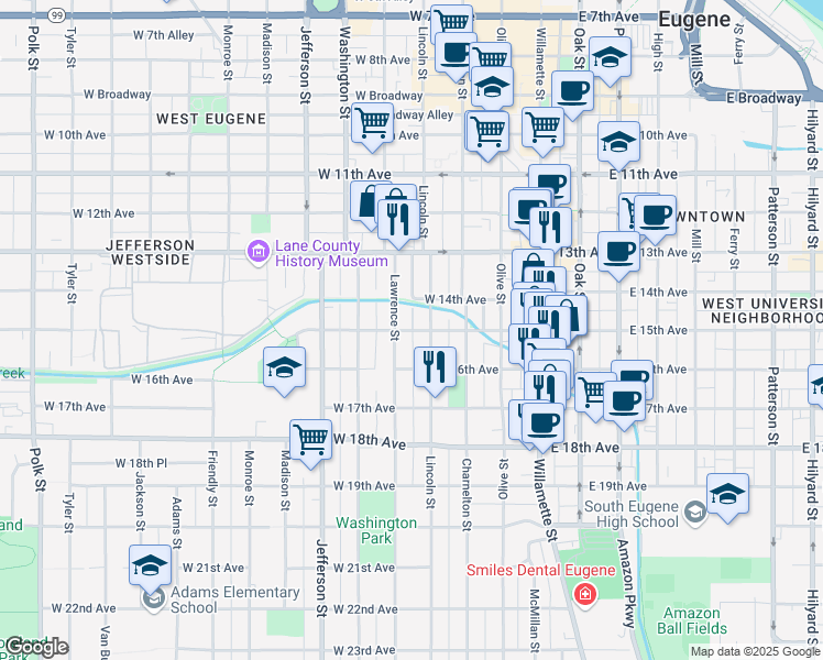 map of restaurants, bars, coffee shops, grocery stores, and more near 351 West 15th Avenue in Eugene