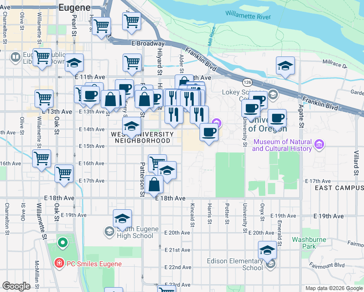 map of restaurants, bars, coffee shops, grocery stores, and more near Alder Street & East 15th Avenue in Eugene