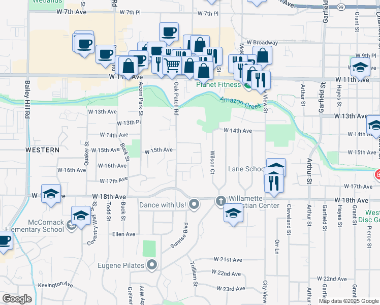 map of restaurants, bars, coffee shops, grocery stores, and more near 1460 Fetters Loop in Eugene