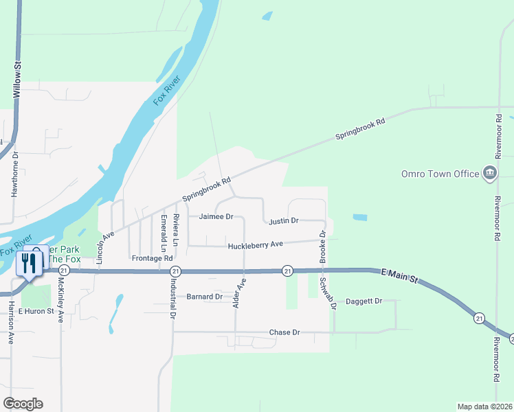 map of restaurants, bars, coffee shops, grocery stores, and more near 1848 Justin Drive in Omro