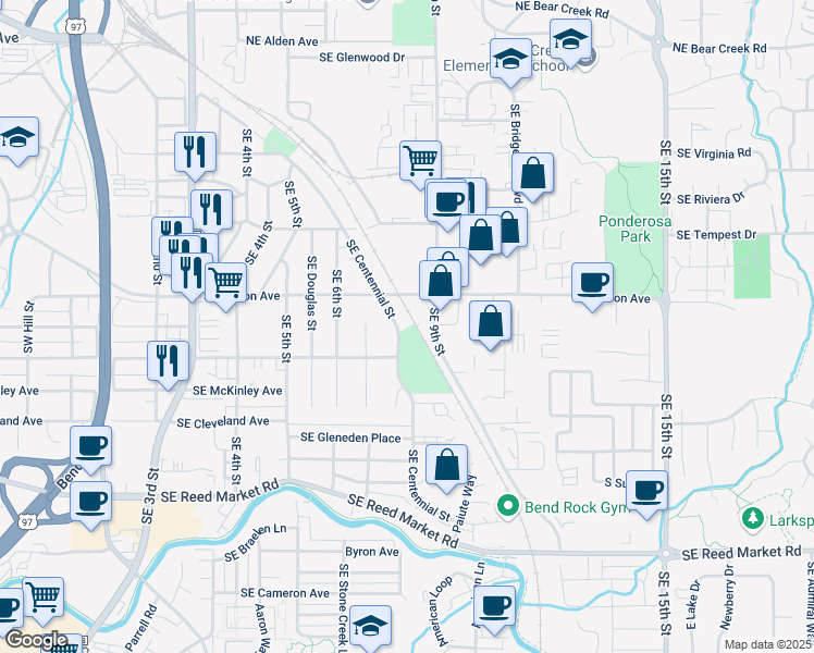 map of restaurants, bars, coffee shops, grocery stores, and more near 749 Southeast Centennial Street in Bend