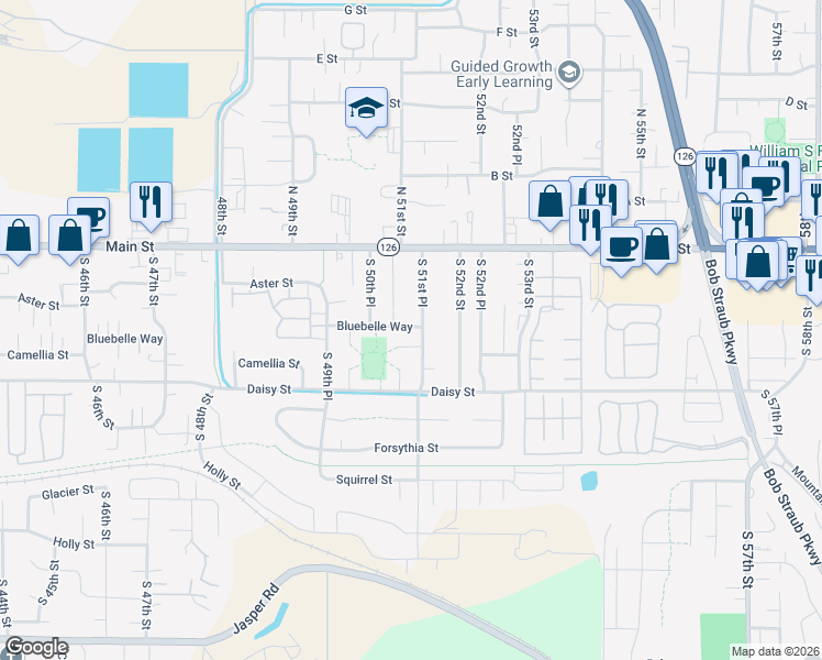 map of restaurants, bars, coffee shops, grocery stores, and more near 375 South 51st Place in Springfield