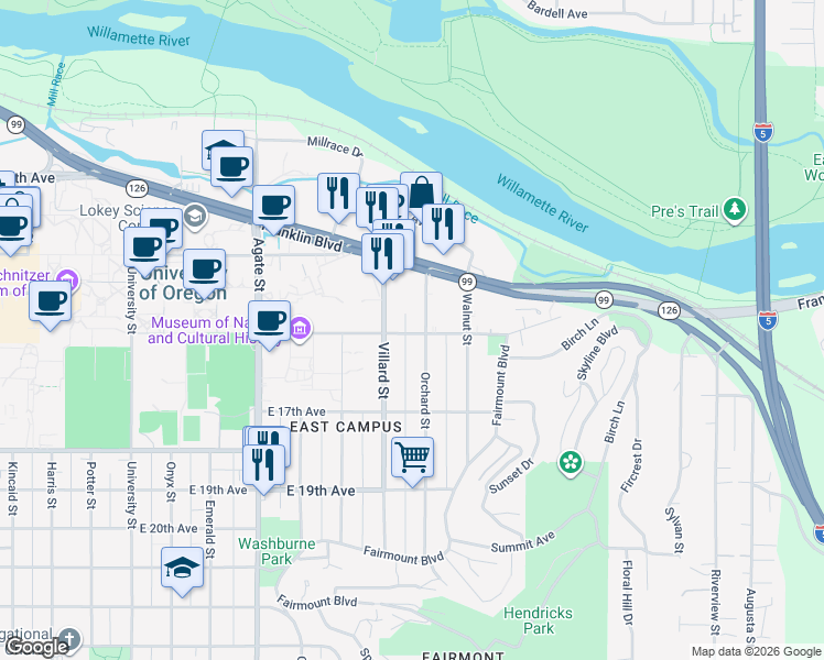 map of restaurants, bars, coffee shops, grocery stores, and more near 1965 East 15th Avenue in Eugene