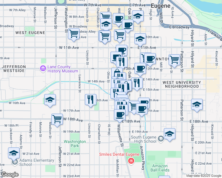 map of restaurants, bars, coffee shops, grocery stores, and more near in Eugene