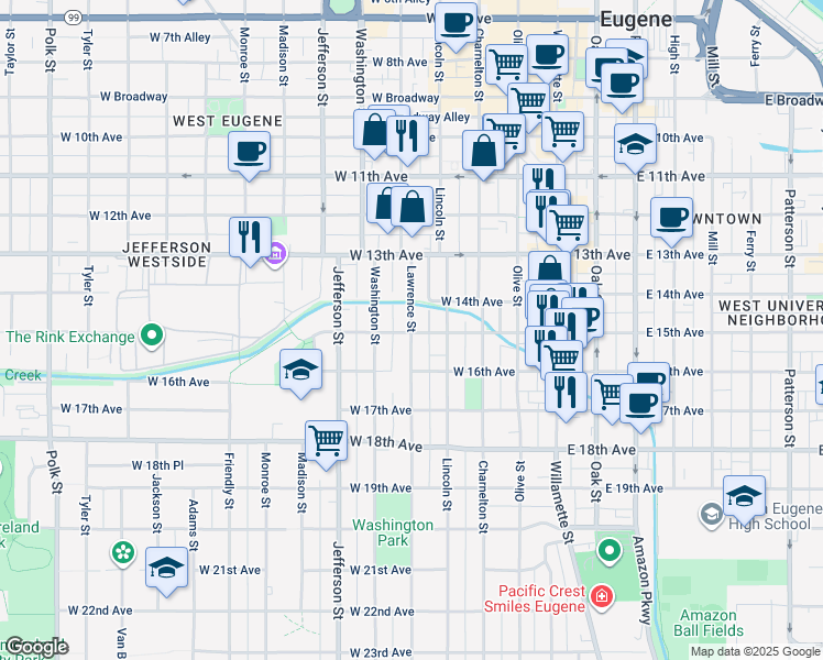 map of restaurants, bars, coffee shops, grocery stores, and more near 444 West 15th Avenue in Eugene
