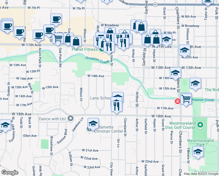 map of restaurants, bars, coffee shops, grocery stores, and more near 1541 City View Street in Eugene