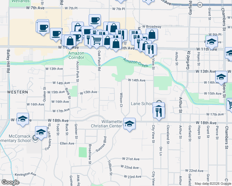 map of restaurants, bars, coffee shops, grocery stores, and more near 1562 Fetters Loop in Eugene