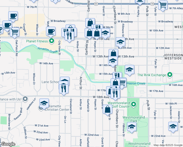 map of restaurants, bars, coffee shops, grocery stores, and more near West 15th Avenue in Eugene