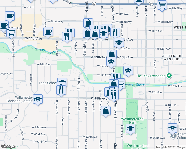 map of restaurants, bars, coffee shops, grocery stores, and more near 1515 Hayes Street in Eugene