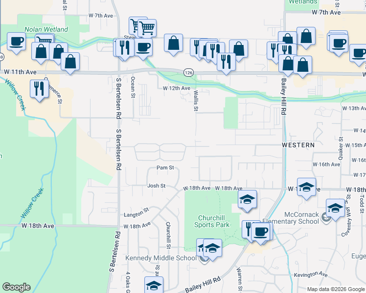 map of restaurants, bars, coffee shops, grocery stores, and more near 1415 South Bertelsen Road in Eugene
