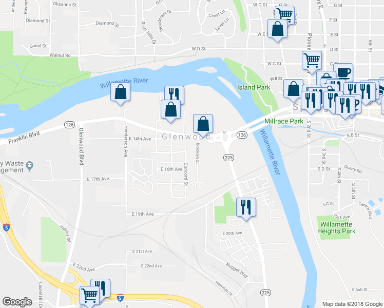 map of restaurants, bars, coffee shops, grocery stores, and more near 1497 Concord Street in Eugene