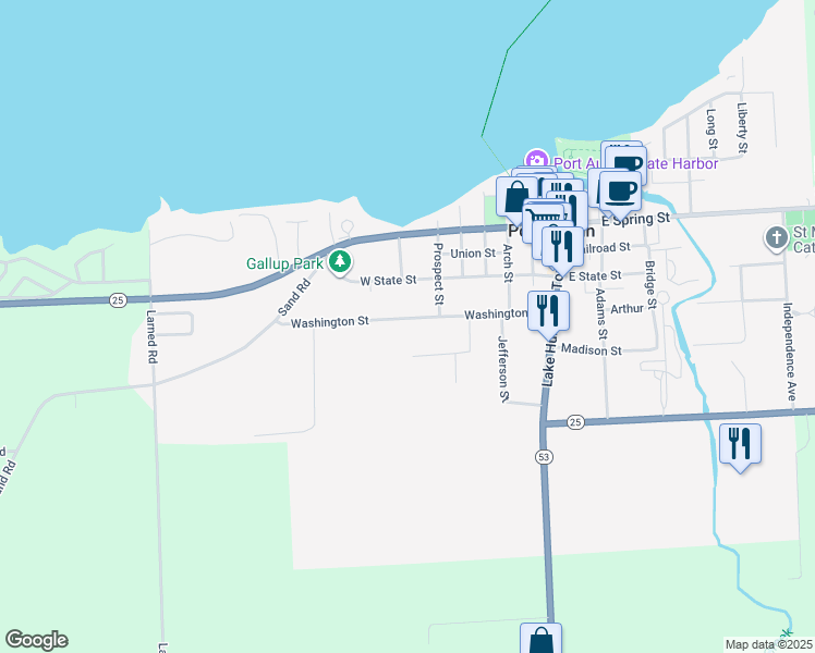 map of restaurants, bars, coffee shops, grocery stores, and more near 285 Washington Street in Port Austin